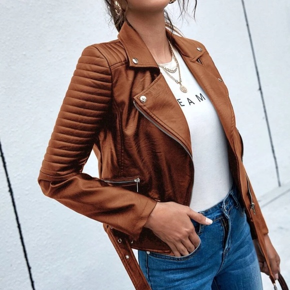 Luxe Vegan Leather Moto Biker Zipper Jacket - Picture 8 of 9